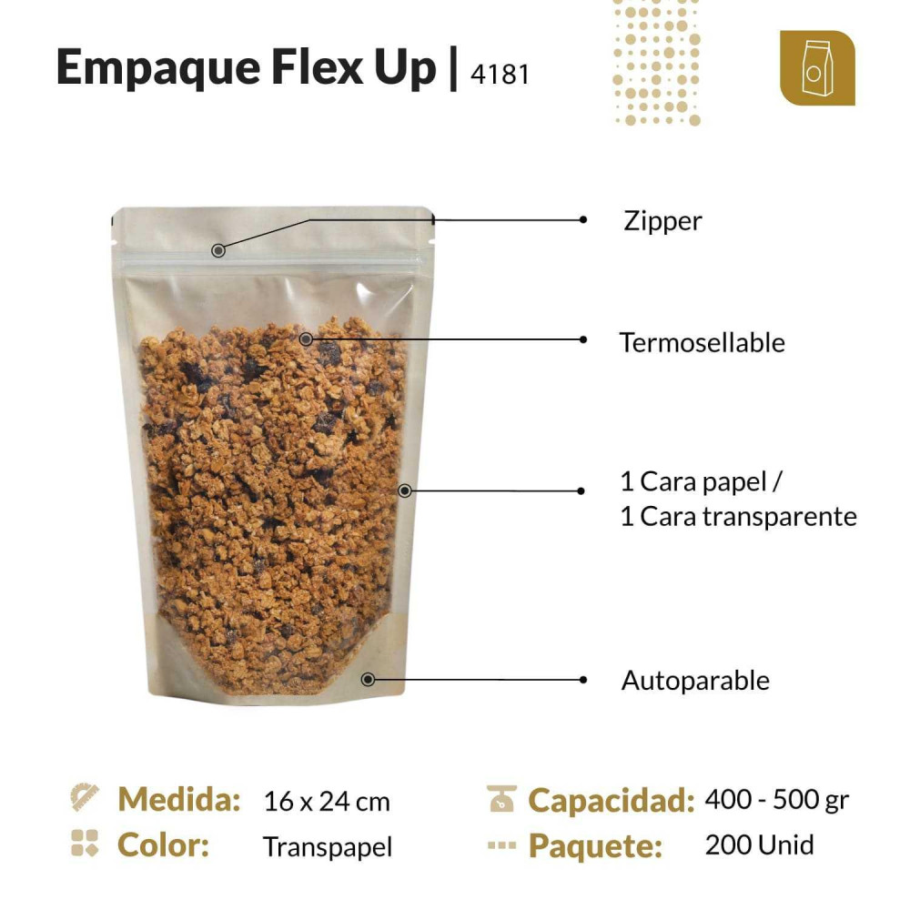 Funda parable tipo Doypack 16x24 transpapel (1 cara con acabado de papel / 1 cara transparente)  con zipper