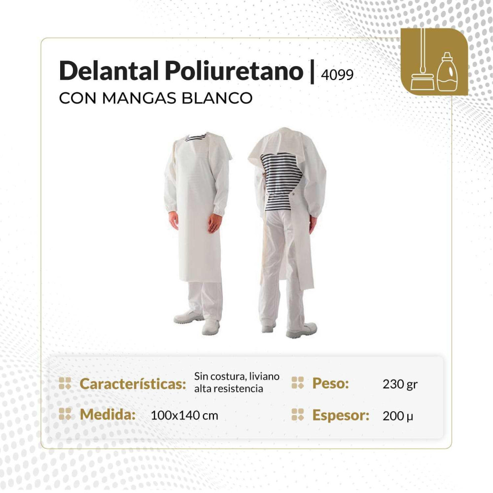 Delantal de poliuretano con mangas termosoldadas blanco 100x140 cm