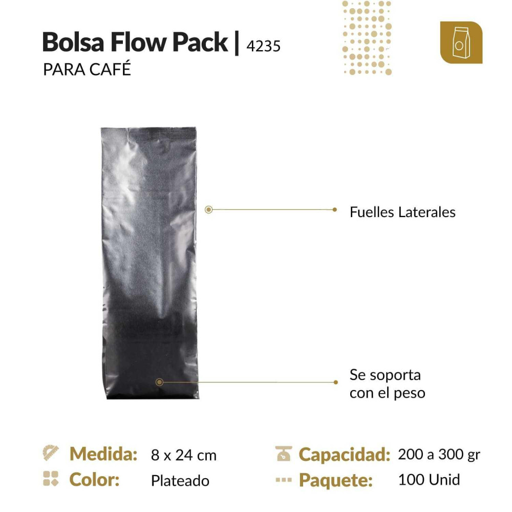 Funda 8.8x28 para café SIN válvula desgasificadora color plateado tipo flowpack con selle ventral  200 a 300 gr