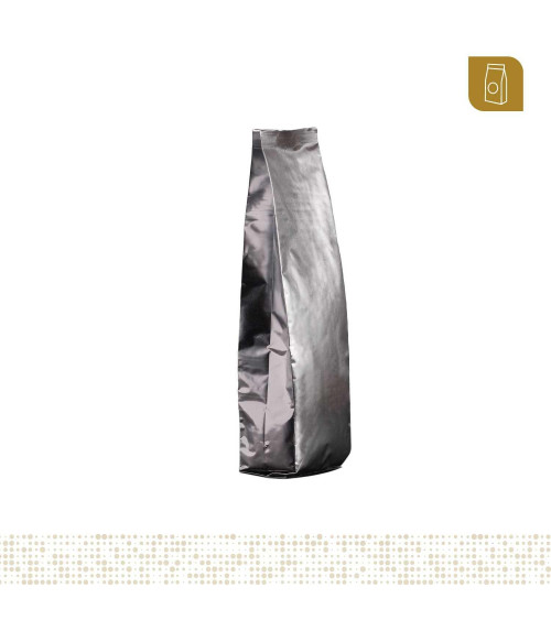 Funda 8.8x28 para café SIN válvula desgasificadora color plateado tipo flowpack con selle ventral  200 a 300 gr