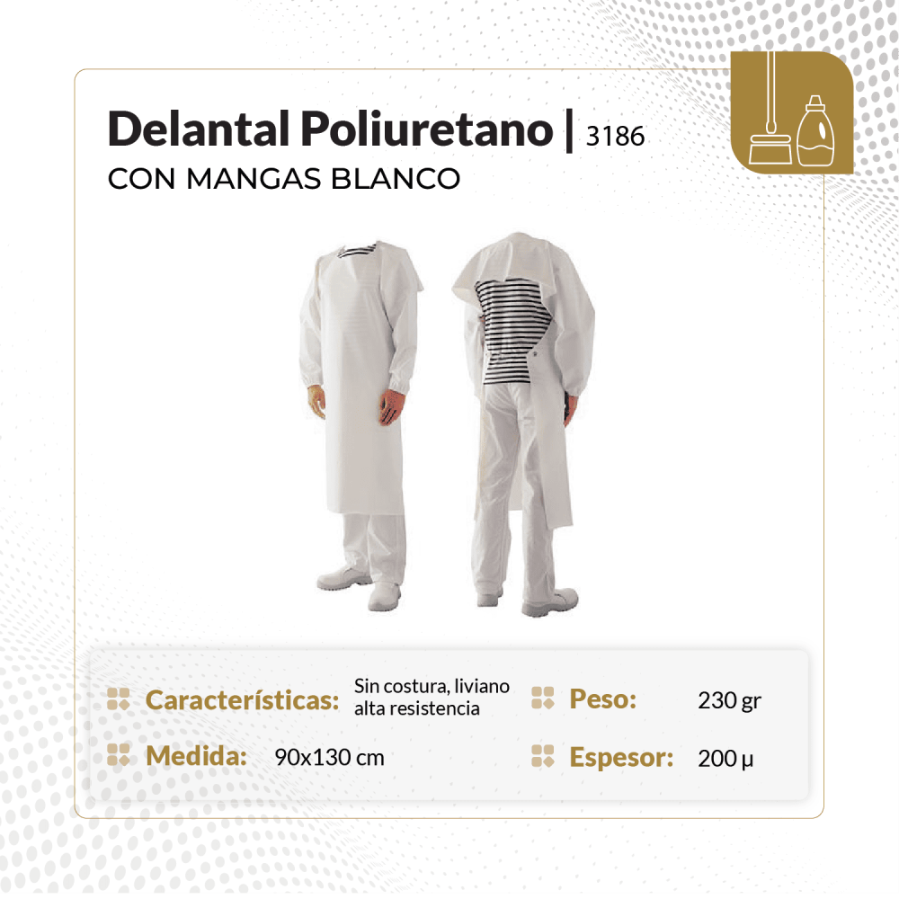Delantal de poliuretano con mangas termosoldadas blanco 90x130 cm