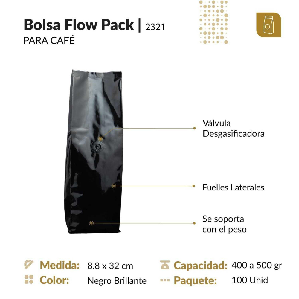 Funda 8.8x32 para café con válvula desgasificadora color negro brillante tipo flowpack con selle ventral 400 a 500 gr