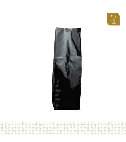Funda 8.8x32 para café con válvula desgasificadora color negro brillante tipo flowpack con selle ventral 400 a 500 gr