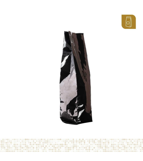 Funda 8.8x32 para café con válvula desgasificadora color negro brillante tipo flowpack con selle ventral 400 a 500 gr