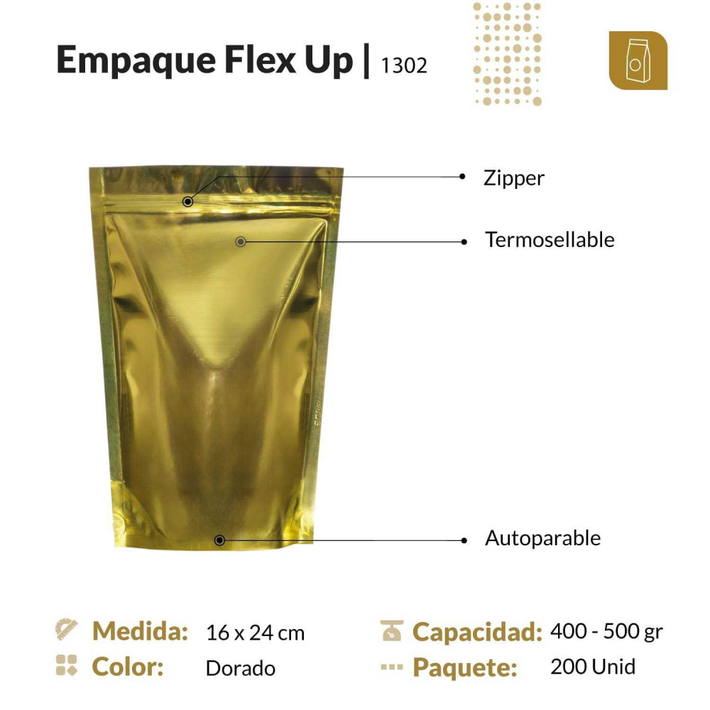 Funda parable tipo Doypack 16x24 metalizada color dorado con zipper