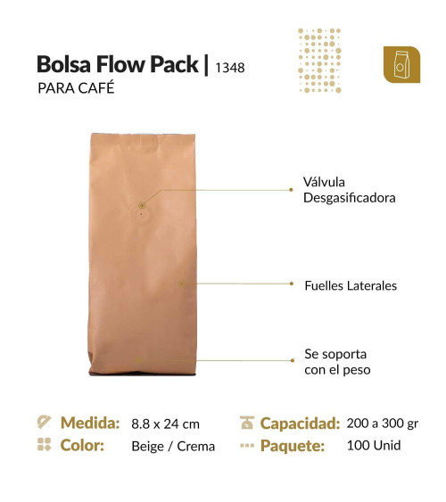 Funda 8.8x24 para café con válvula desgasificadora color crema tipo flowpack con selle ventral  200 a 300 gr