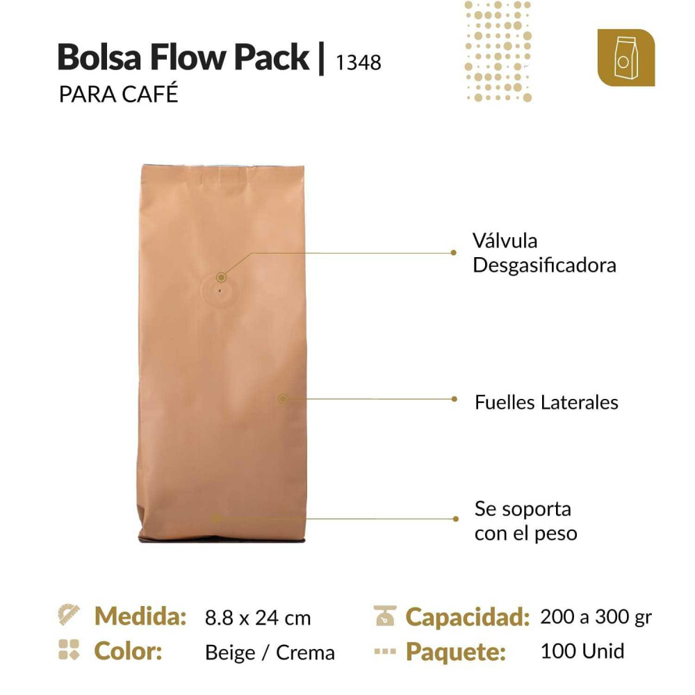 Funda 8.8x24 para café con válvula desgasificadora color crema tipo flowpack con selle ventral  200 a 300 gr