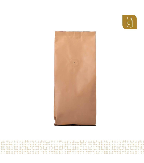 Funda 8.8x24 para café con válvula desgasificadora color crema tipo flowpack con selle ventral  200 a 300 gr