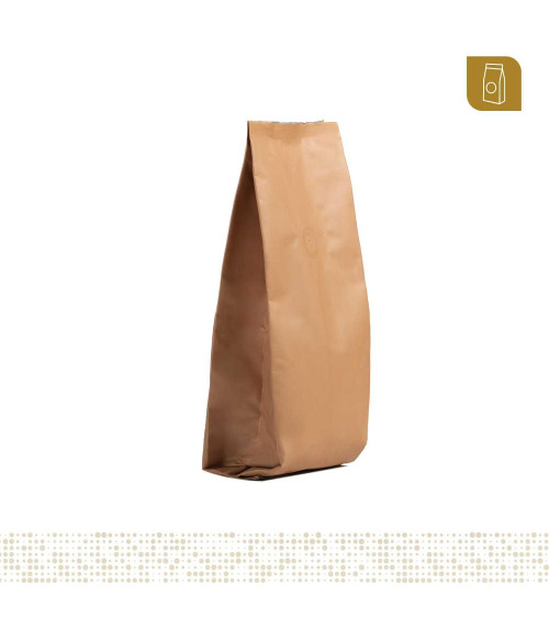 Funda 8.8x24 para café con válvula desgasificadora color crema tipo flowpack con selle ventral  200 a 300 gr