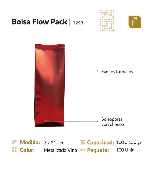 Funda flow pack trilaminada 7x21 color vinotinto mate capacidad 100 gr