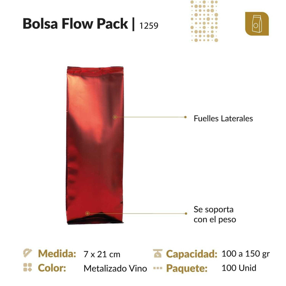 Funda flow pack trilaminada 7x21 color vinotinto mate capacidad 100 gr