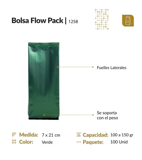 Funda flow pack trilaminada 7x21 color verde mate capacidad 100 gr