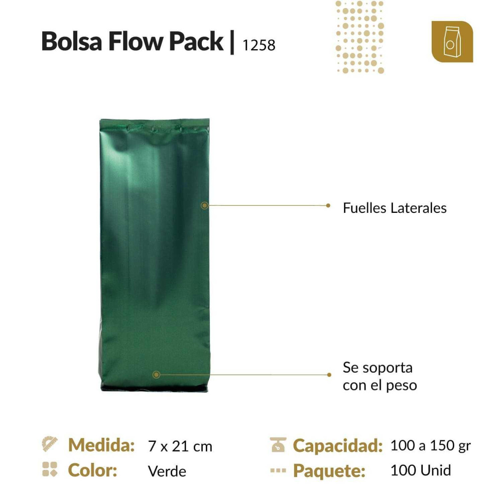 Funda flow pack trilaminada 7x21 color verde mate capacidad 100 gr