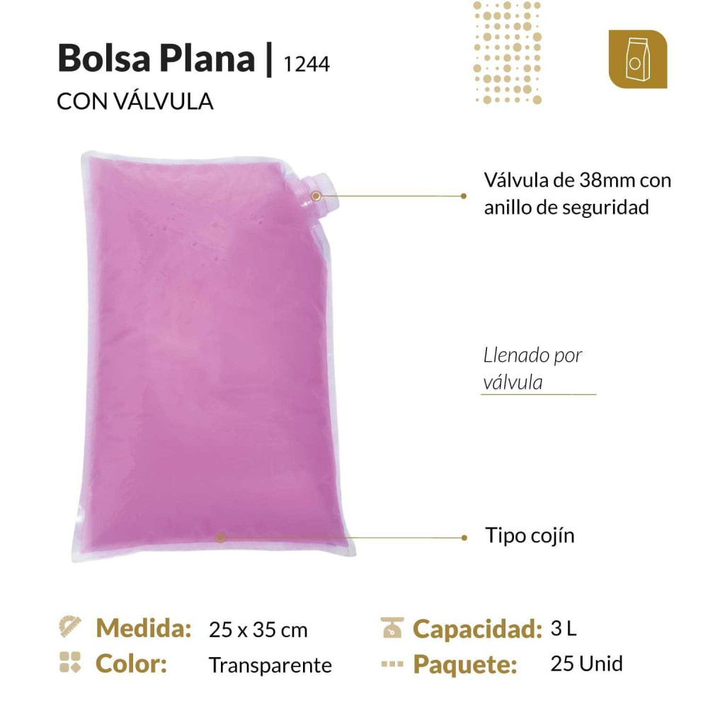 Funda tipo cojín 25x35 transparente con válvula para líquidos y pastosos para 3 Lt