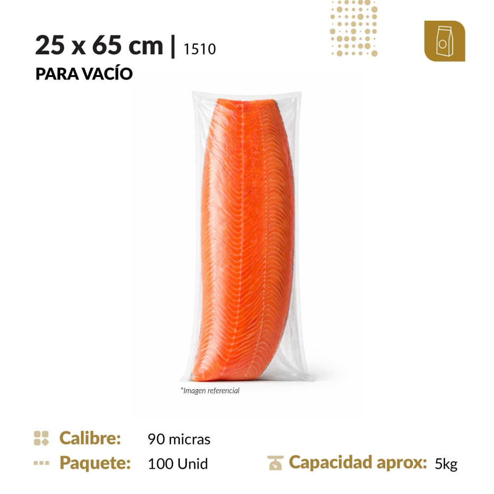 Funda plana 25x65 transparente de 90 micras para empacado al vacío