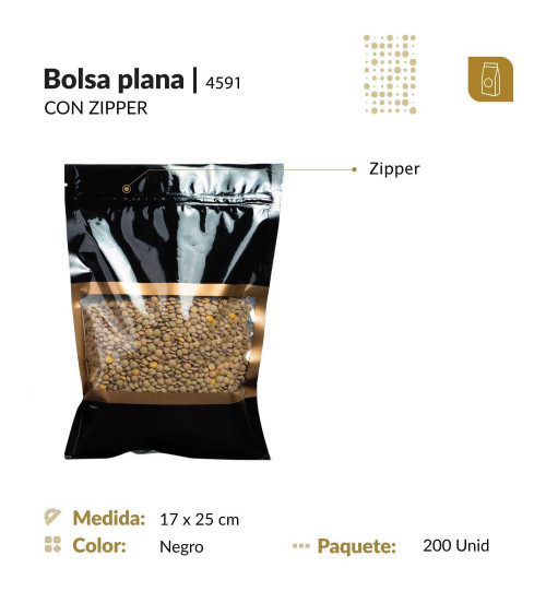 Funda plana 17x25 metalizada color negro con ventana transparente