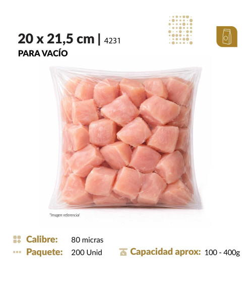 Funda plana 20x21.5 transparente de 80 micras para empacado al vacío