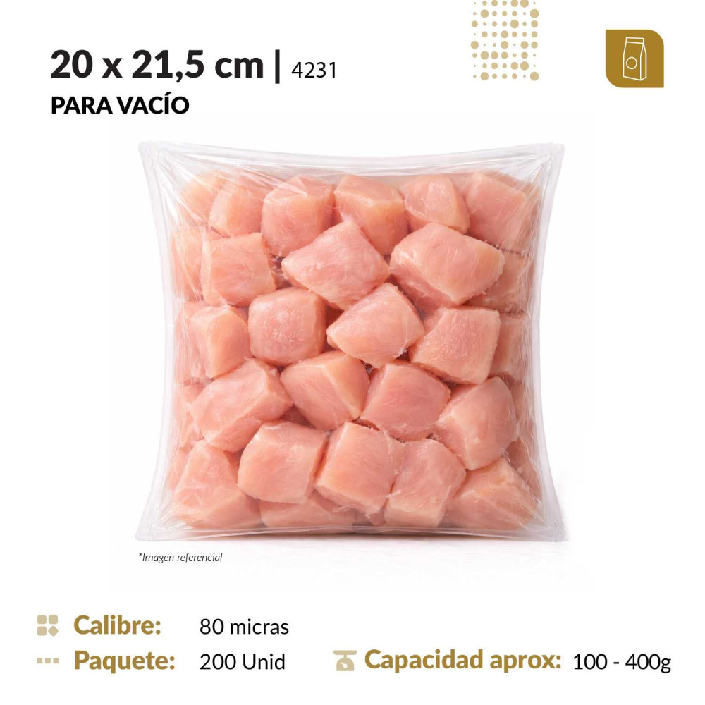 Funda plana 20x21.5 transparente de 80 micras para empacado al vacío