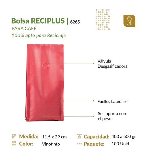 Bolsa flexible 11.5x29 RECIPLUS con válvula y 4 sellos en color vinotinto