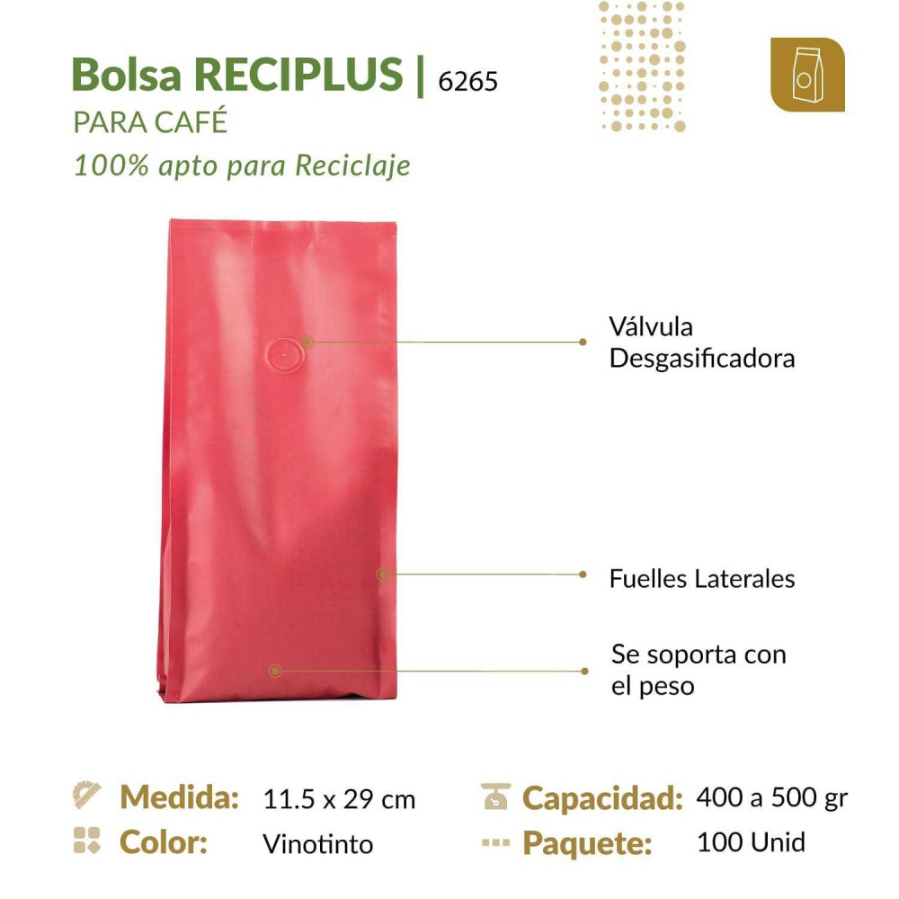 Bolsa flexible 11.5x29 RECIPLUS con válvula y 4 sellos en color vinotinto