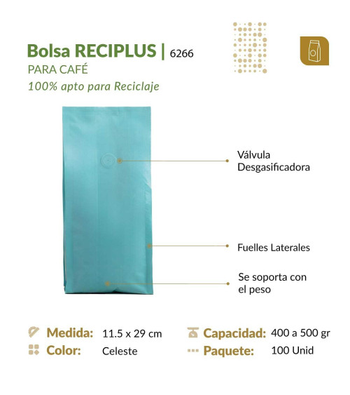 Bolsa flexible 11.5x29 RECIPLUS con válvula y 4 selles en color celeste