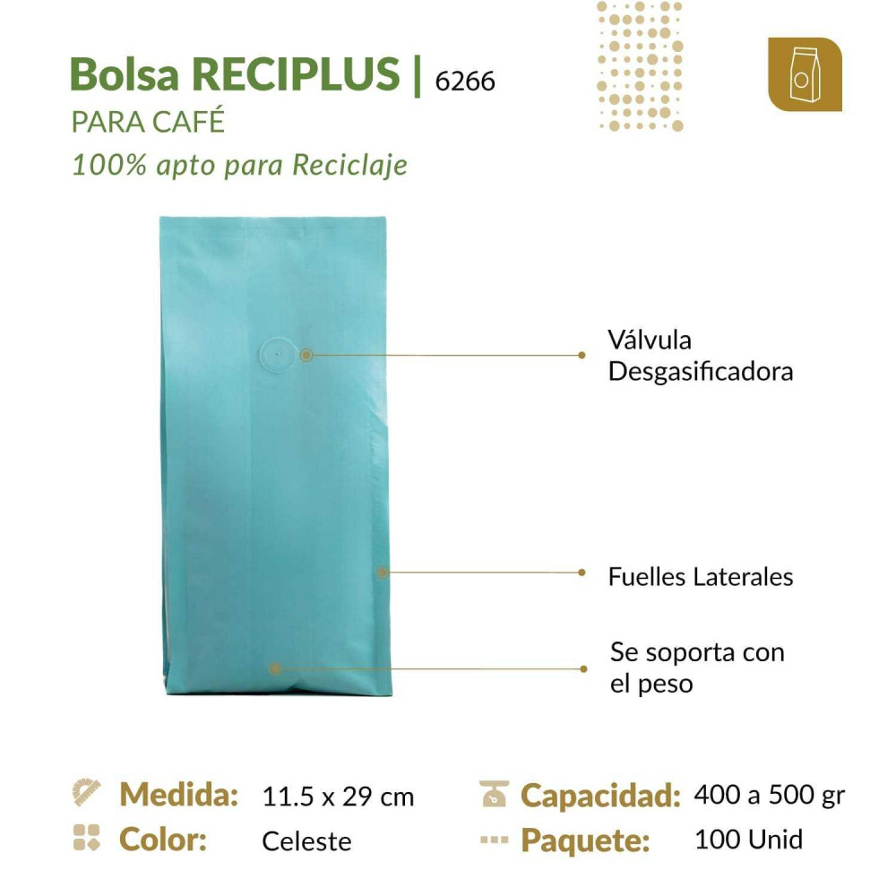 Bolsa flexible 11.5x29 RECIPLUS con válvula y 4 selles en color celeste