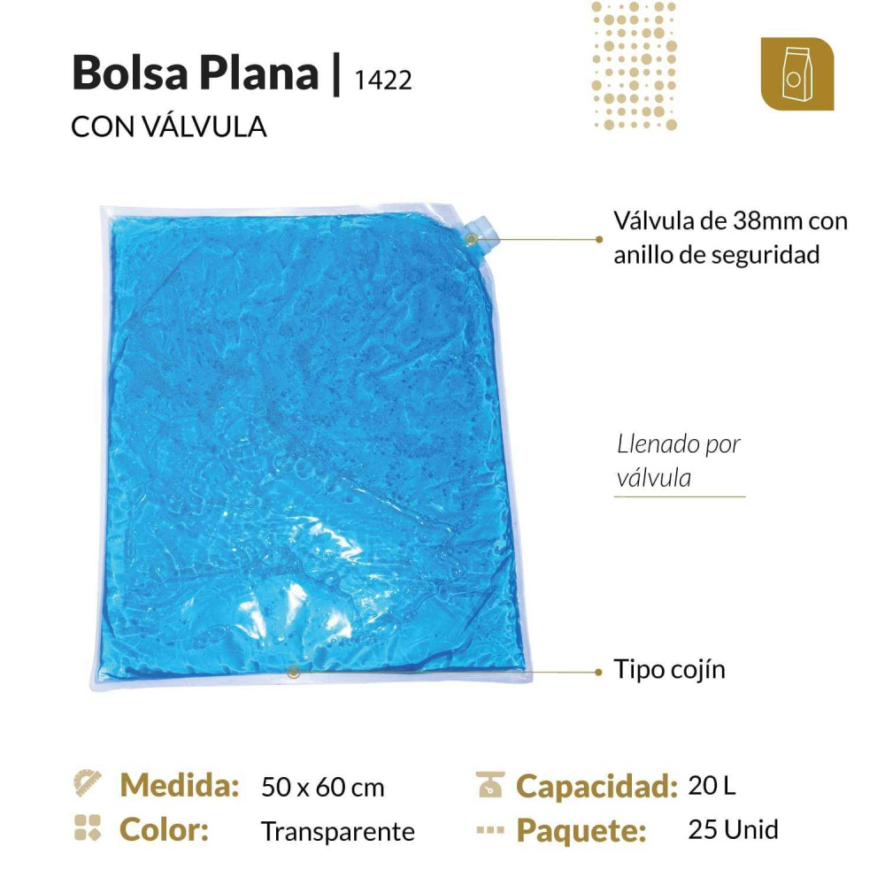 Funda tipo cojín 50x60 transparente con válvula para líquidos y pastosos para 20 Lt