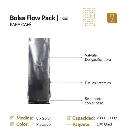 Funda 8.8x28 para café con válvula desgasificadora color plateado tipo flowpack con selle ventral 200 a 300 gr