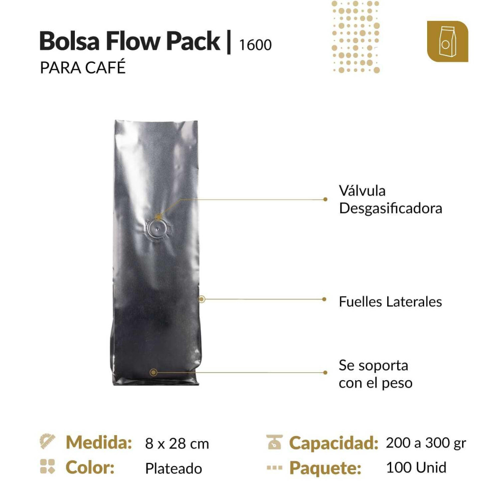 Funda 8.8x28 para café con válvula desgasificadora color plateado tipo flowpack con selle ventral 200 a 300 gr