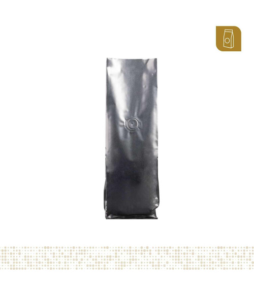 Funda 8.8x28 para café con válvula desgasificadora color plateado tipo flowpack con selle ventral 200 a 300 gr