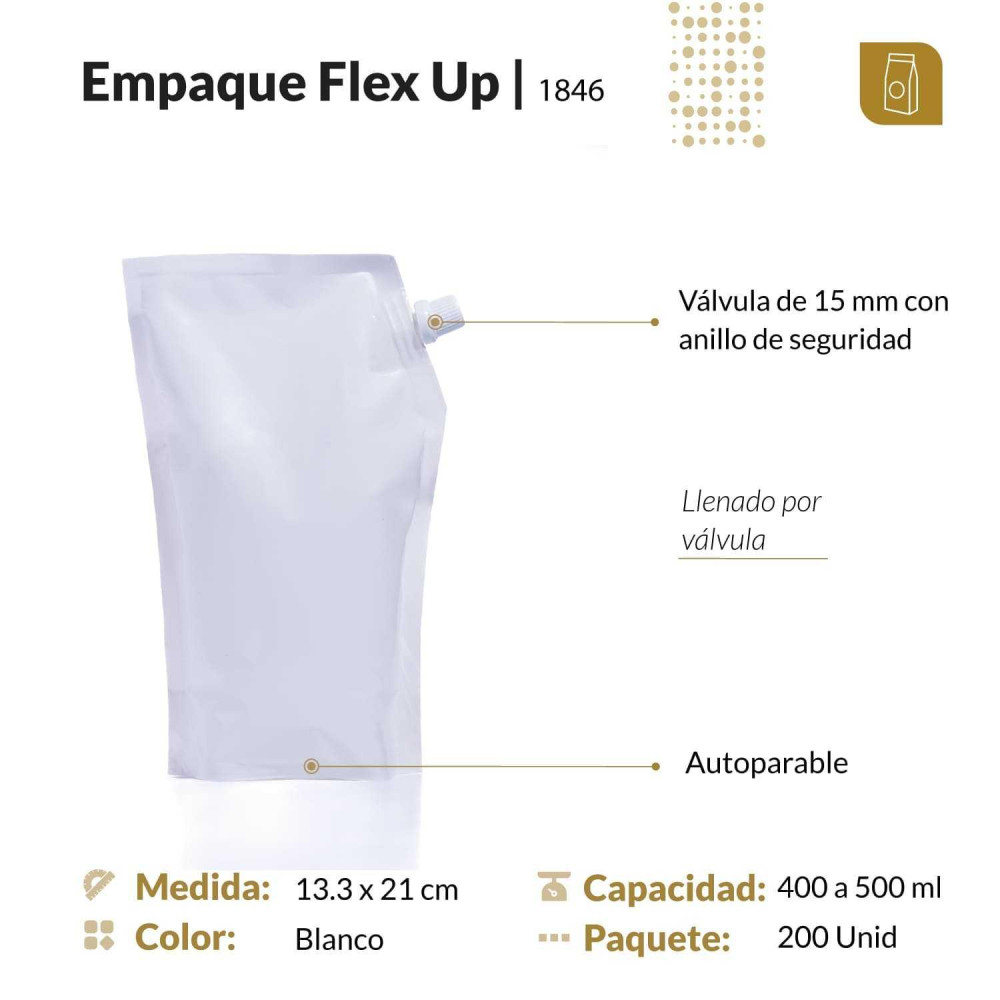 Funda parable tipo Doypack con válvula 13.3x21 color blanco para 500 ml aprox
