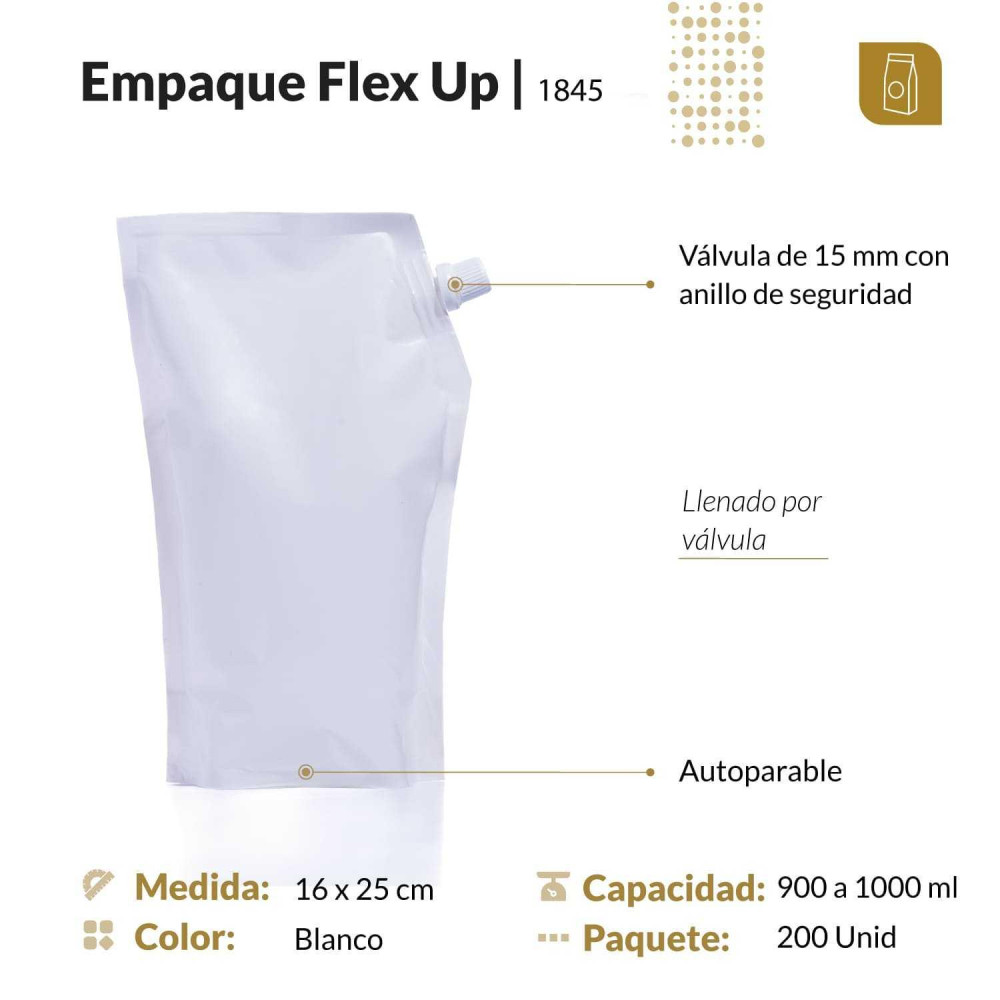 Funda parable tipo Doypack con válvula 16x25 color blanco para 1000 ml aprox
