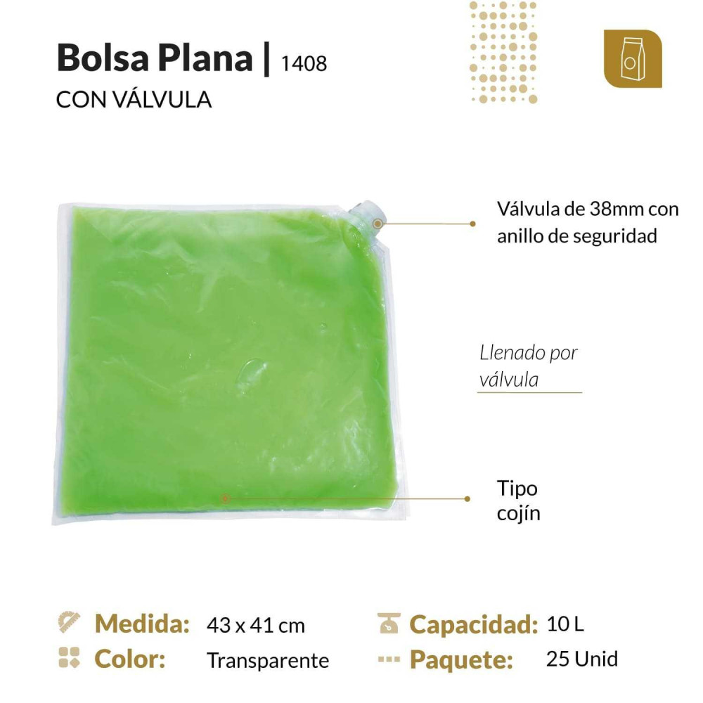 Funda tipo cojín 43x41 transparente con válvula para líquidos y pastosos para 10 Lt