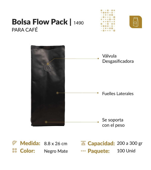 Funda 8.8x26 para café con válvula desgasificadora color negro mate tipo flowpack con selle ventral 200 a 300 gr
