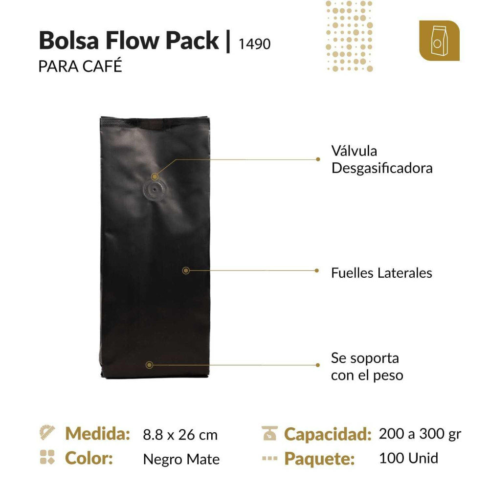 Funda 8.8x26 para café con válvula desgasificadora color negro mate tipo flowpack con selle ventral 200 a 300 gr