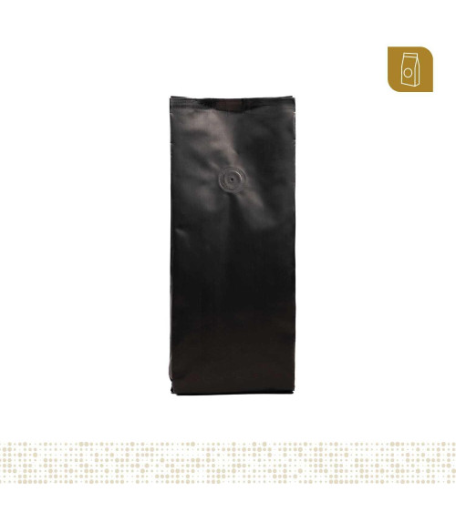 Funda 8.8x26 para café con válvula desgasificadora color negro mate tipo flowpack con selle ventral 200 a 300 gr