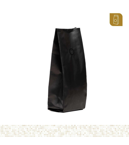 Funda 8.8x26 para café con válvula desgasificadora color negro mate tipo flowpack con selle ventral 200 a 300 gr