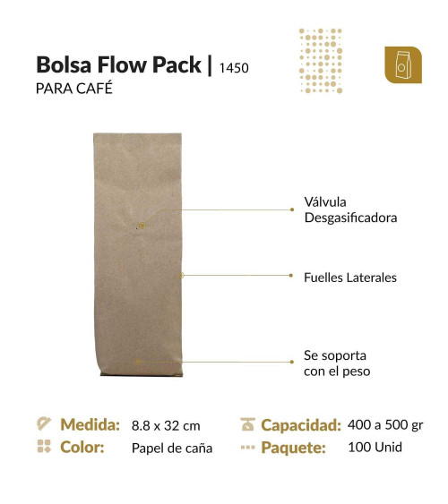 Funda 8.8x32 para café con válvula desgasificadora acabado papel de caña tipo flowpack con selle ventral 400 a 500 gr