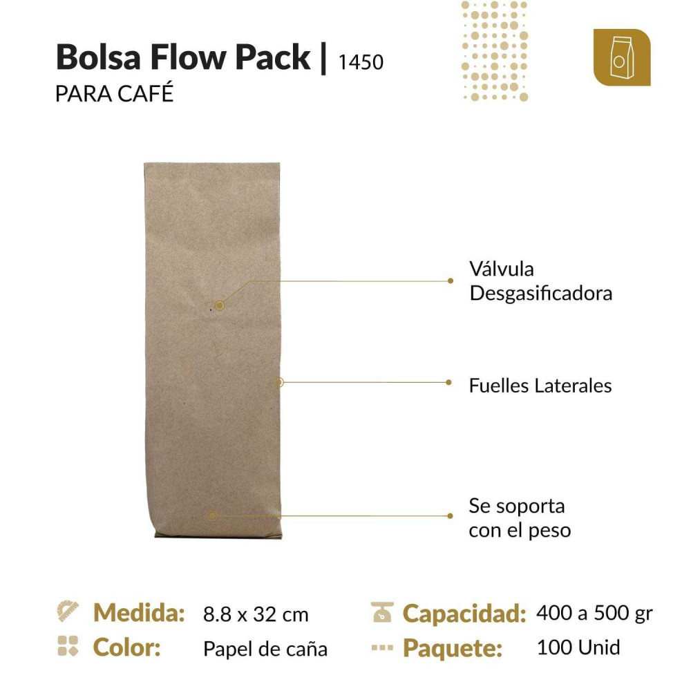 Funda 8.8x32 para café con válvula desgasificadora acabado papel de caña tipo flowpack con selle ventral 400 a 500 gr