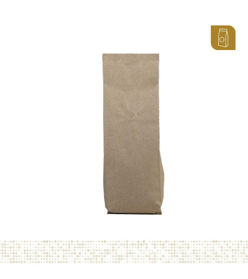 Funda 8.8x32 para café con válvula desgasificadora acabado papel de caña tipo flowpack con selle ventral 400 a 500 gr