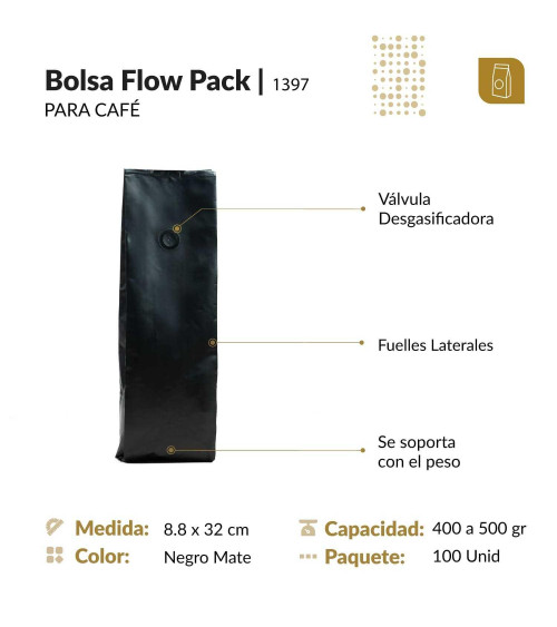 Funda 8.8x32 para café con válvula desgasificadora color negro mate tipo flowpack con selle ventral 400 a 500 gr