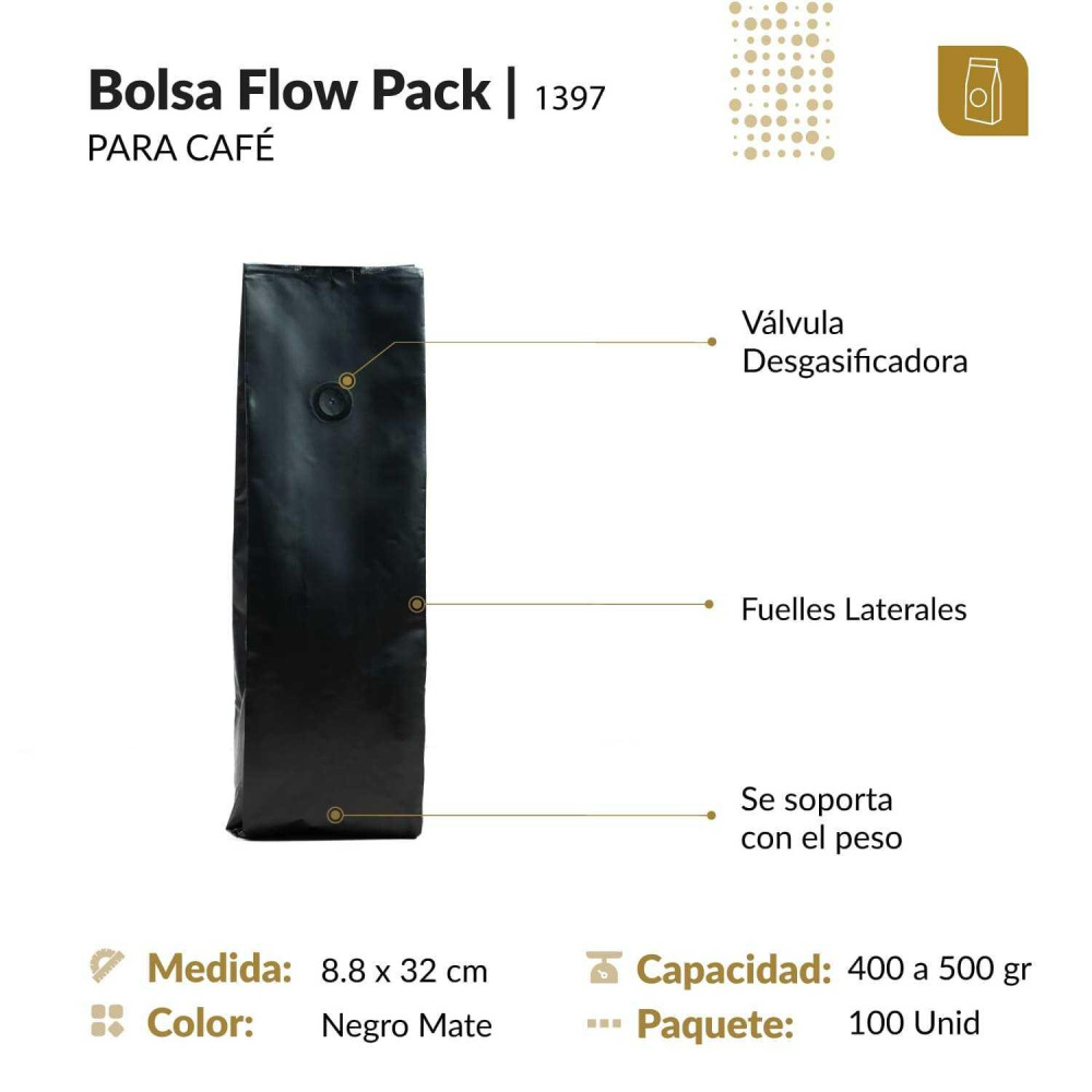 Funda 8.8x32 para café con válvula desgasificadora color negro mate tipo flowpack con selle ventral 400 a 500 gr