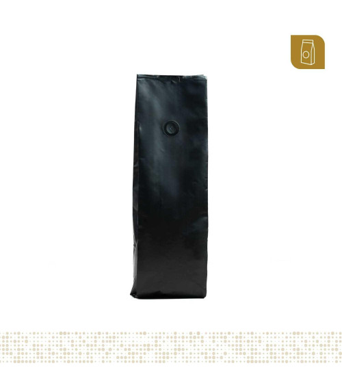 Funda 8.8x32 para café con válvula desgasificadora color negro mate tipo flowpack con selle ventral 400 a 500 gr
