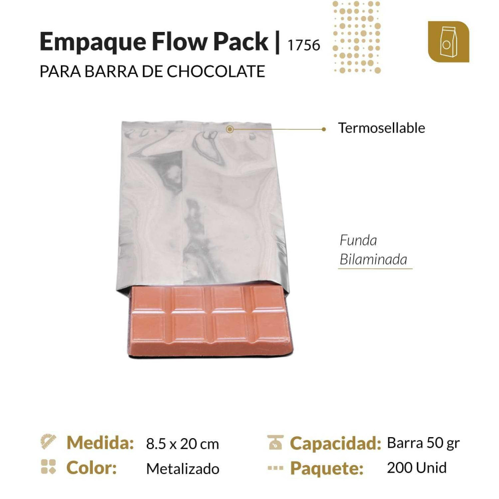 Funda bilaminada metalizada 8.5x20 para chocolates y snacks