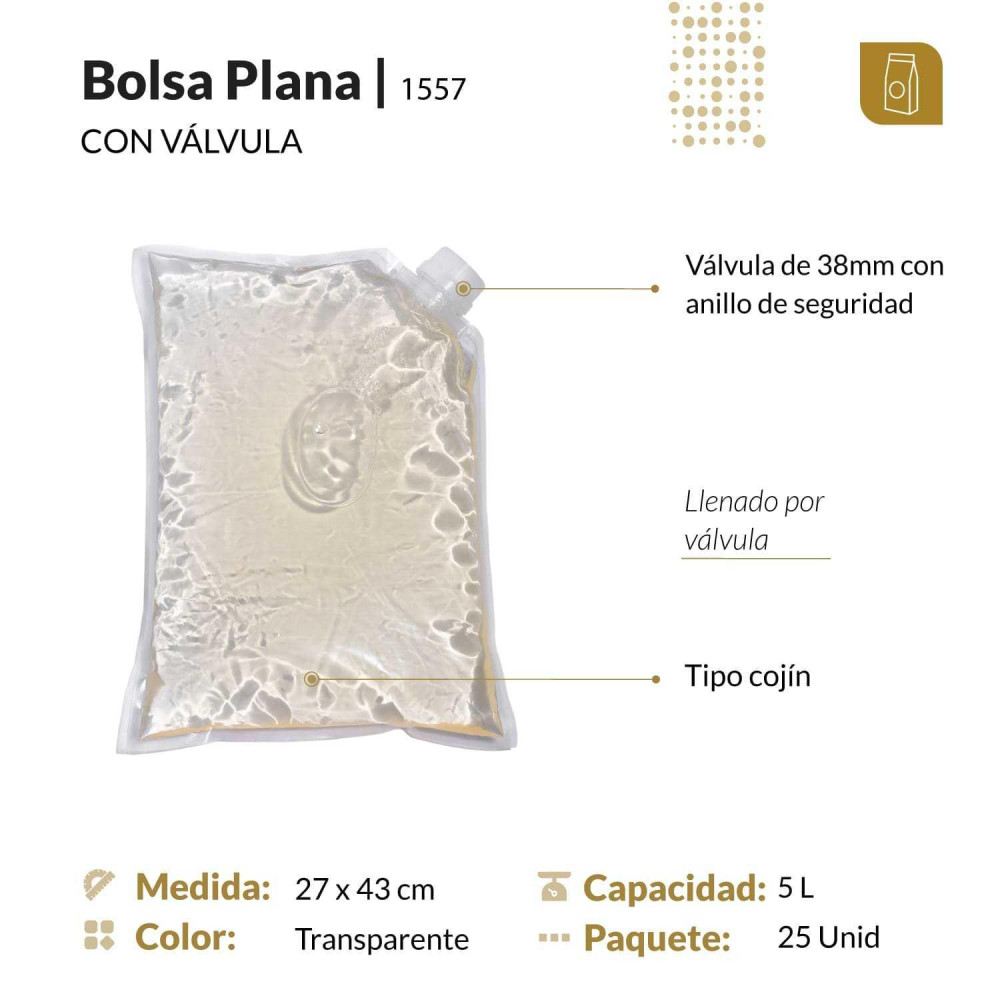 Funda tipo cojín 27x43 transparente con válvula para líquidos y pastosos para 5 Lt