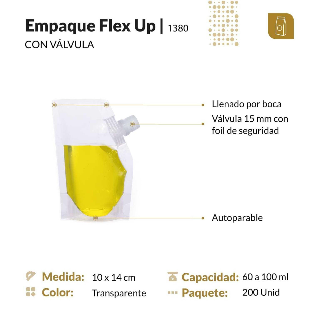 Funda parable tipo Doypack con válvula 10x14 cm transparente para líquidos y pastosos