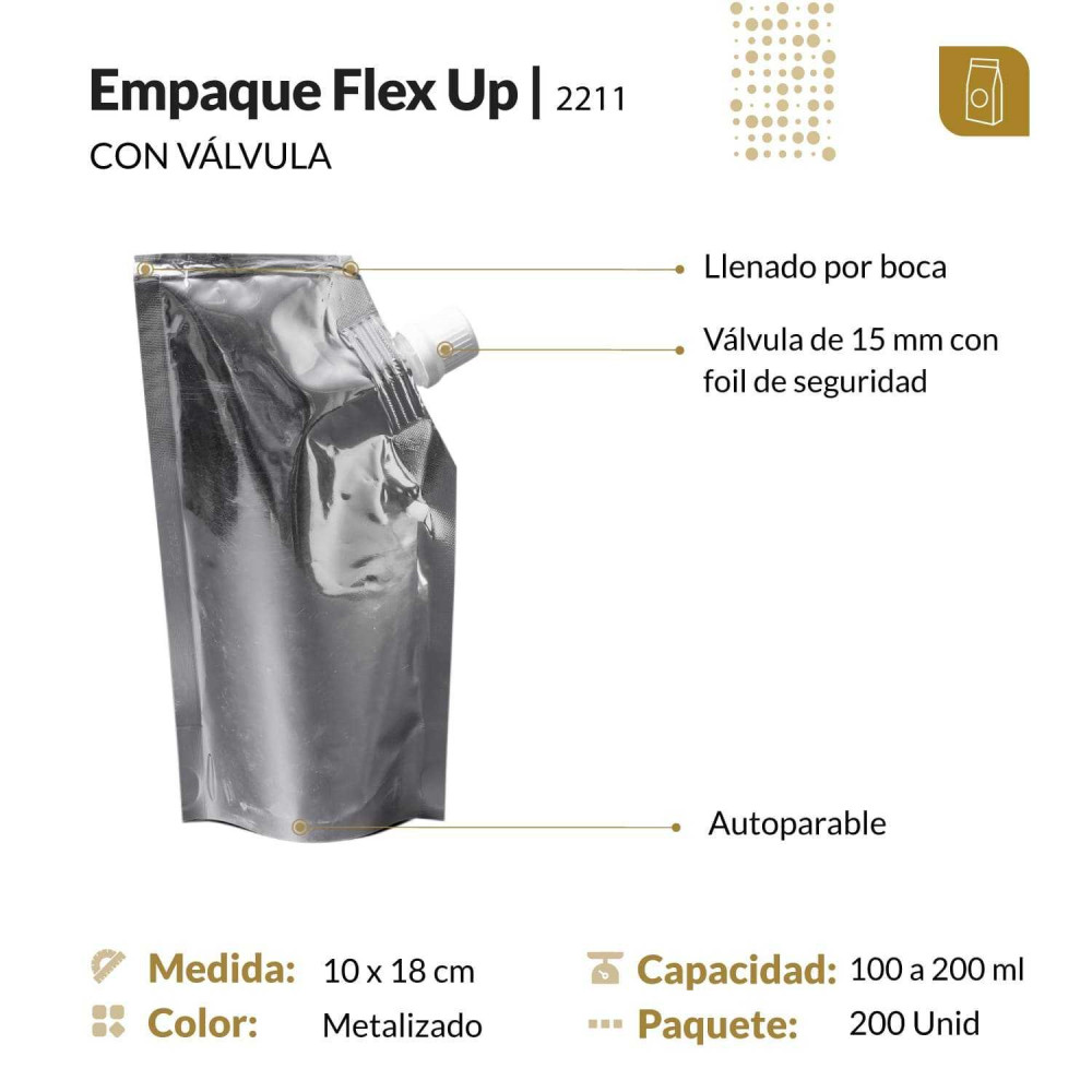 Funda parable tipo Doypack 10x18 cm metalizada con válvula para liquidos
