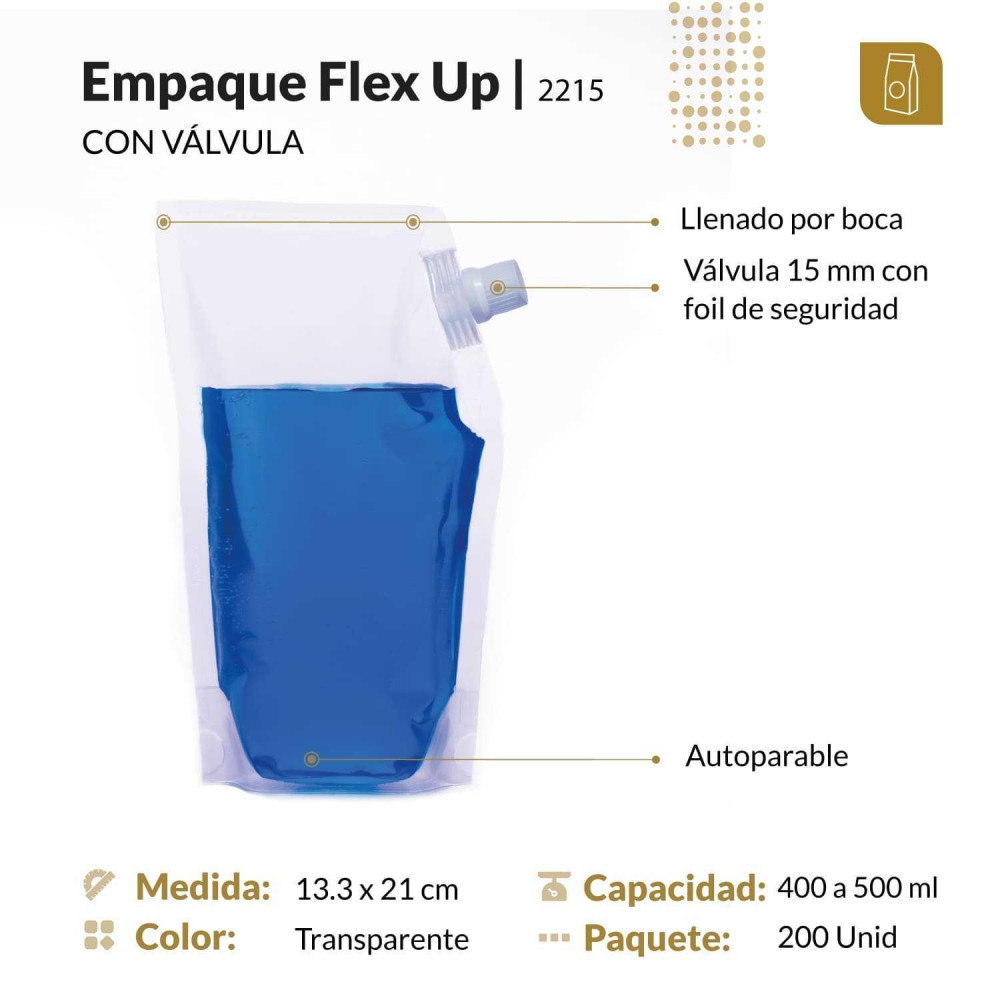 Funda parable tipo Doypack con válvula 13.3x21 transparente para liquidos y pastosos