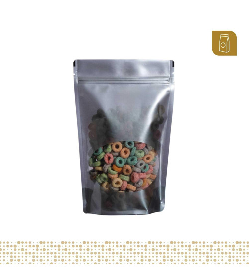 Funda parable tipo Doypack 16x24 color plateado con ventana oval y zipper