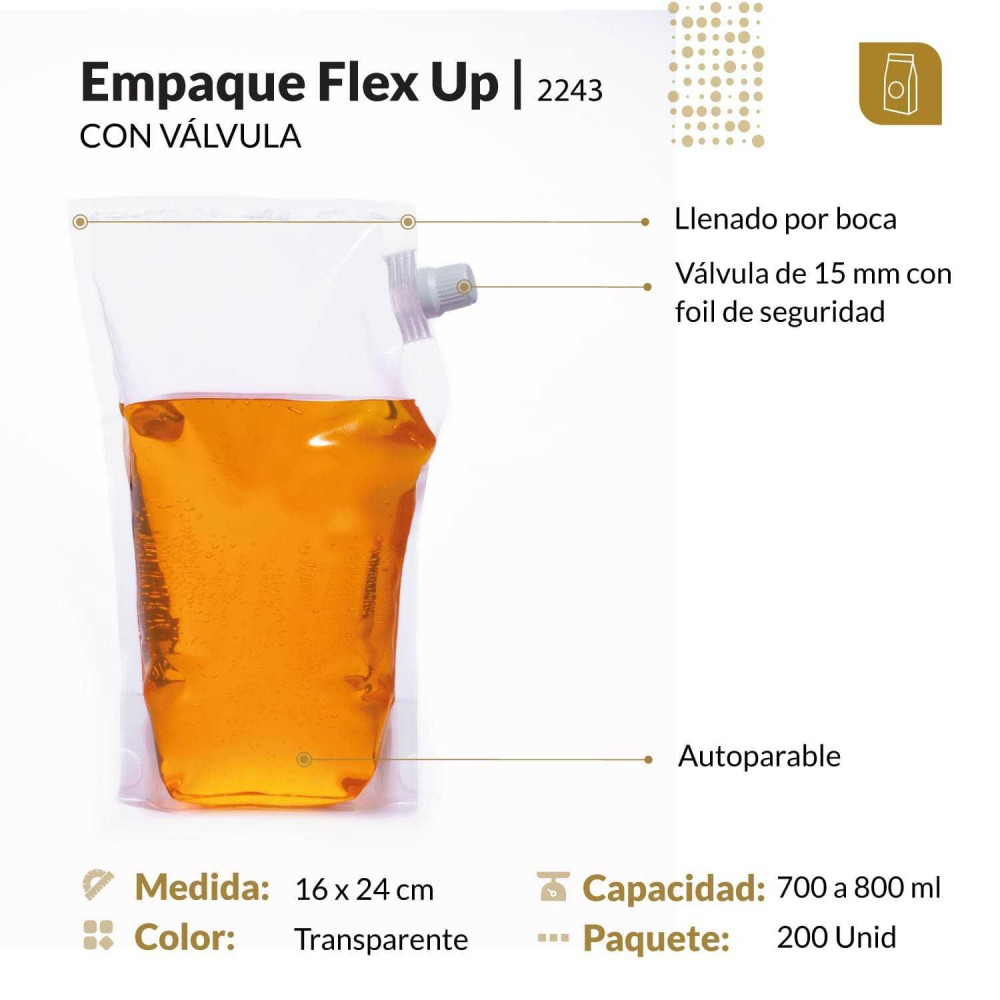 Funda parable tipo Doypack con válvula 16x24 transparente para liquidos y pastosos